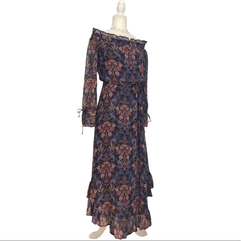 ECRU Clothing Silk Floral Ruffle Maxi Dress On or off Shoulder - Picture 3 of 11